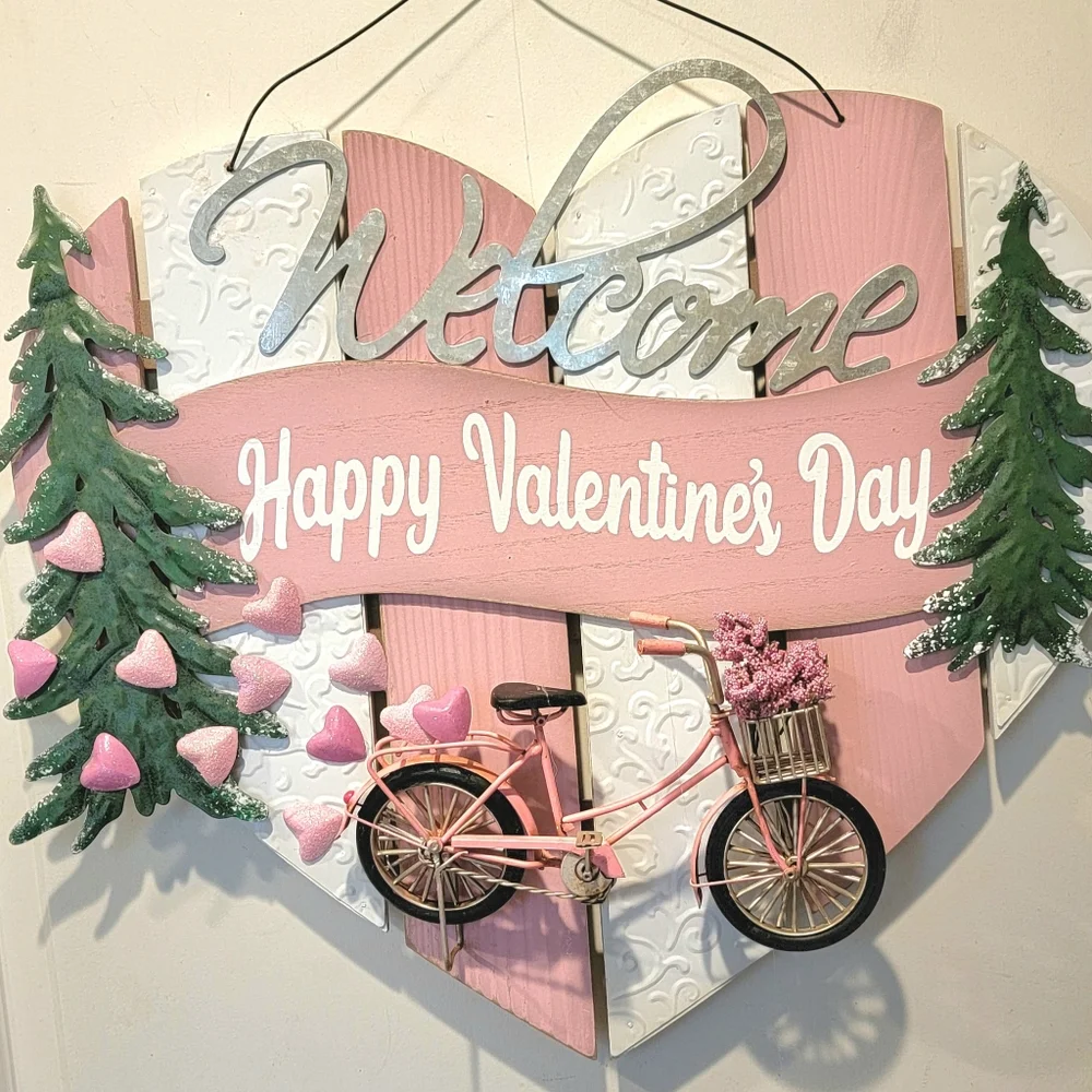 Valentine's Day Bike Adventure Plaque Wall Decor Wreath Pink Wood Tin - Picture 1 of 4
